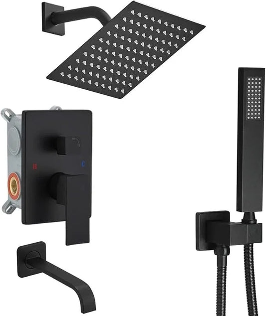 Heable Matte Black Shower Faucet Set with Tub Spout Bathroom Rainfall 8 Inch Shower Head System with Handheld Single Handle Shower Trim Kit with Rough-in Valve - ModernBath