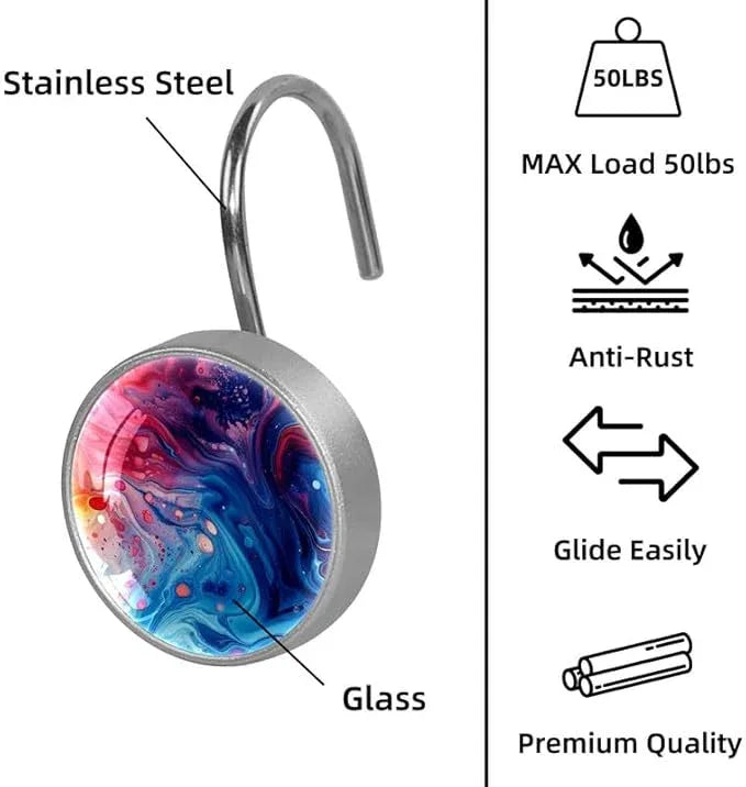 12 Pcs Decorative Shower Curtain Hooks, Rust Proof Glass Surface Stainless Steel Rings for Bathroom Bedroom Kitchen Home Bath Room Rods Decor (Colorful Liquid Texture) - ModernBath
