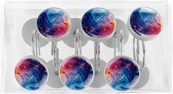 12 Pcs Decorative Shower Curtain Hooks, Rust Proof Glass Surface Stainless Steel Rings for Bathroom Bedroom Kitchen Home Bath Room Rods Decor (Colorful Liquid Texture) - ModernBath