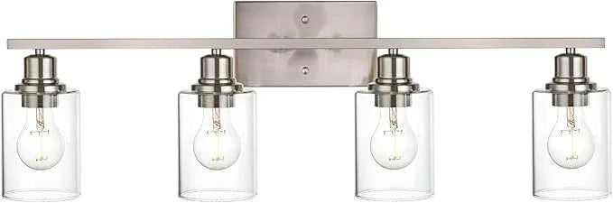 VINLUZ Industrial Brushed Nickel Wall Sconce with Clear Glass Shade and Metal Base,4 Light Bathroom Vanity Lighting Fixture Over Mirror for Dressing Table - ModernBath