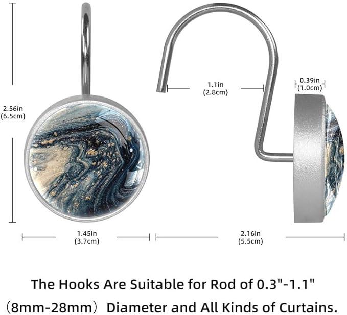 12 Pcs Decorative Shower Curtain Hooks, Rust Proof Glass Surface Stainless Steel Rings for Bathroom Bedroom Kitchen Home Bath Room Rods Decor (Black Gold Liquid) - ModernBath