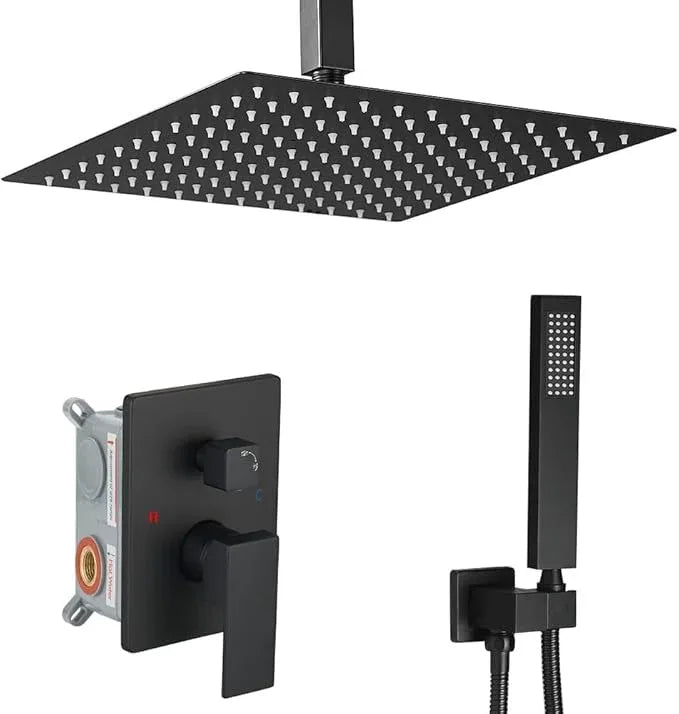 Heable Matte Black Shower System Bathroom 16 Inch Rain Shower Head Ceiling Mount with Handheld Luxury High Pressure Shower Combo Set Shower Faucet Rough-in Valve Body and Trim Kit - ModernBath