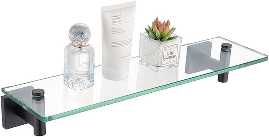 KOKOSIRI Bathroom Shelves Glass Floating Shelf 16-Inch for Bedroom, Living Room, Kitchen, Small Hanging Rack Rustproof Wall Mounted Black B1105BK-L16 - ModernBath