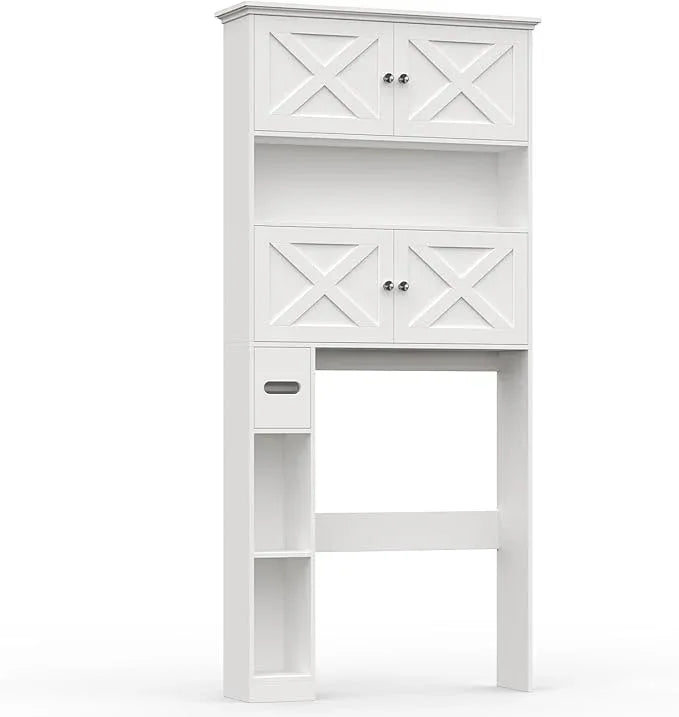 Over The Toilet Storage Cabinet, Farmhouse Storage Cabinet Over Toilet with 4 Barn Doors & Toilet Paper Holder Stand, White Toilet Shelf Home Space Saver for Restroom, Bathroom, Laundry - ModernBath