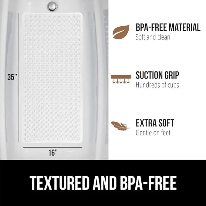 GORILLA GRIP Patented Bath Tub Shower Mat, Machine Washable Bathtub Floor Liner Mats, Suction Cups and Drain Holes to Keep Tubs Clean, Soft on Feet, Bathroom Essentials, 35x16 Inch, White - ModernBath