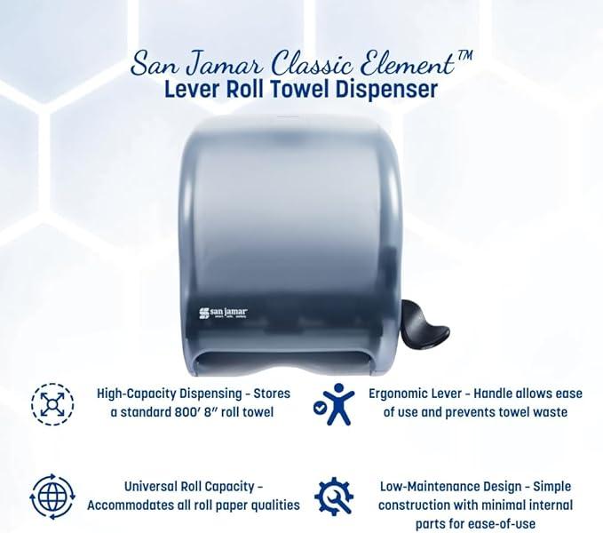 San Jamar Classic Element Paper Towel Dispenser Fits All Core Sizes with Lever for Bathroom, Kitchens, and Restaurants, Plastic, 8.5 x 12.5 x 12.75 Inches, Arctic Blue - ModernBath