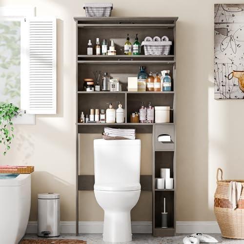 Over The Toilet Storage Cabinet with Transparent Door, Toilet Paper Storage Cabinet with Multi Layer Shelves Suitable for Bathroom, Laundry Room, Freestanding Bathroom Storage Rack,Grey - ModernBath
