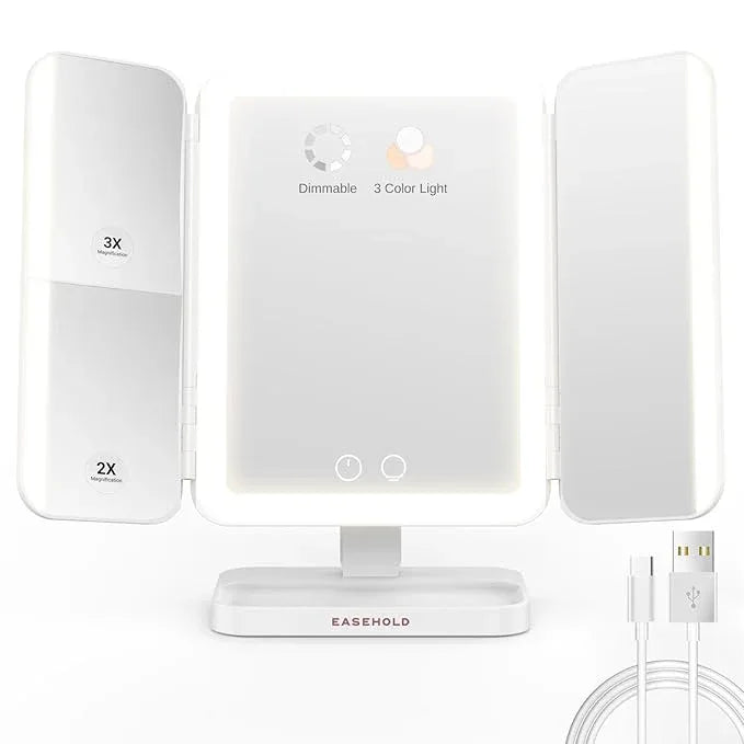 EASEHOLD Makeup Mirror with Lights, Rechargable Lighted Vanity Mirror with 116 LEDs, 1X/2X/3X Magnifying, 3-Color Mirror with LED Lights,5000 mAh Lighted Makeup Mirror, Adjustable Brightness/Angle - ModernBath