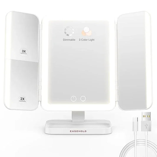 EASEHOLD Makeup Mirror with Lights, Rechargable Lighted Vanity Mirror with 116 LEDs, 1X/2X/3X Magnifying, 3-Color Mirror with LED Lights,5000 mAh Lighted Makeup Mirror, Adjustable Brightness/Angle - ModernBath
