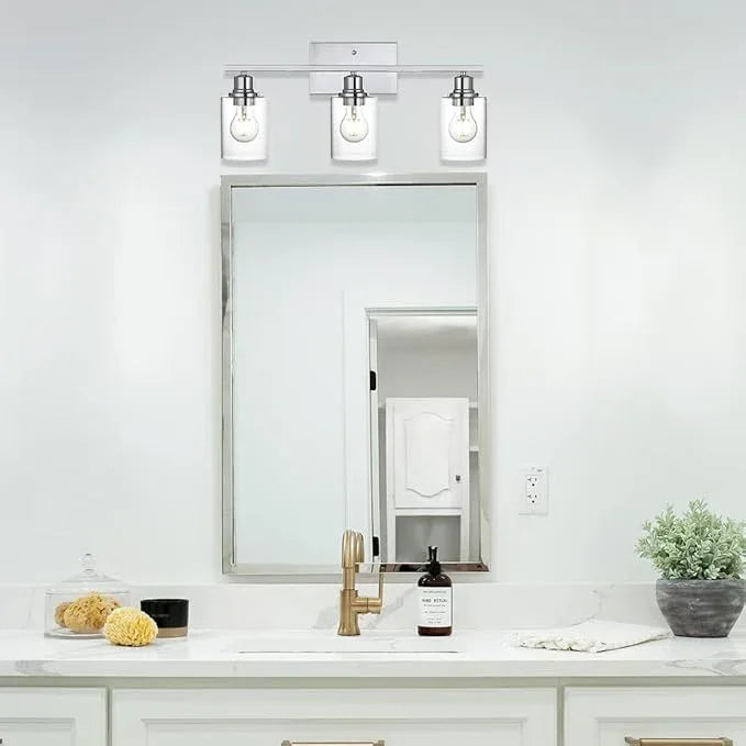 VINLUZ 3 Light Wall Light Fixture with Clear Glass Shade Classic Bathroom Vanity Lighting Fixture in Chrome Finish Metal Wall Mounted Lamp for Powder Room Hallway - ModernBath