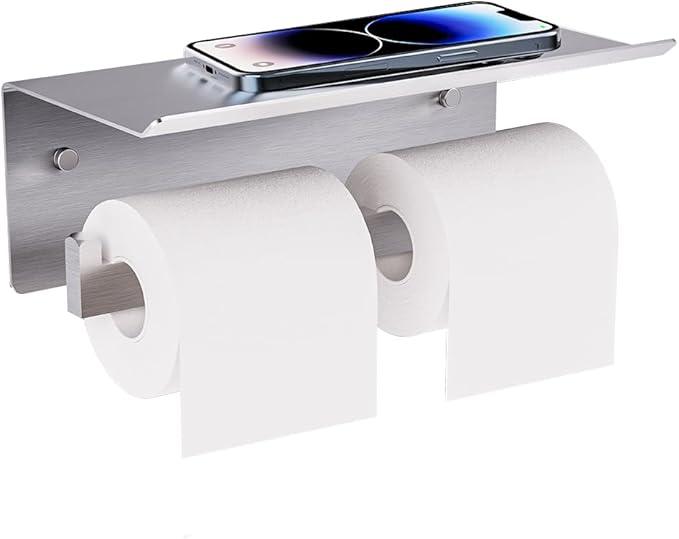 Double Toilet Paper Holder with Shelf, FreshGlow Large Tissue Holder Brushed Nickel, Wall Mount Commercial Toilet Paper Dispenser Phone Shelf Stainless Steel, Tissue Roll for Bathroom - ModernBath