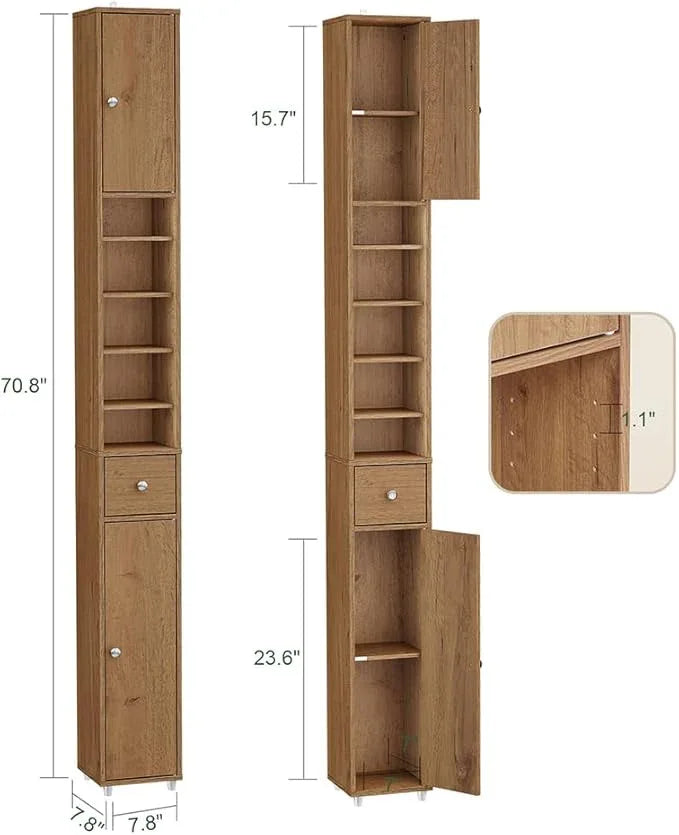 Haotian Bathroom Narrow Storage Cabinet Skinny Tall Unit with Adjustable Shelves Slender Anti-Tipping Floor Standing Cupboard, Natural BZR34-PF - ModernBath
