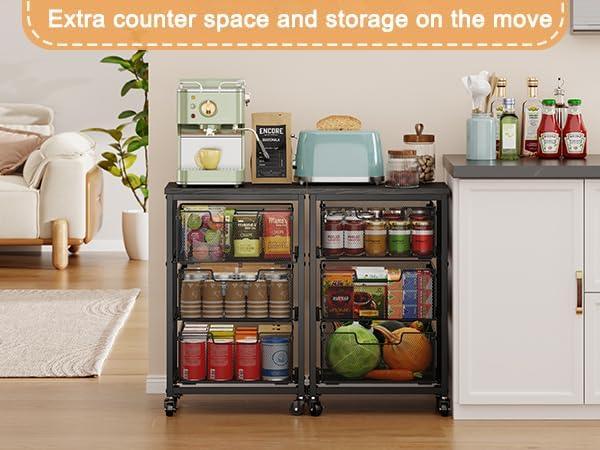 Pantry Organizer and Storage Cart, 3-Tier Kitchen Storage Cart with Drawer, Fruit Vegetable Storage Cart with Wheels, Wooden Top Metal Wire Kitchen Organizer Rack Stand for Food Snack Onion Potato - ModernBath