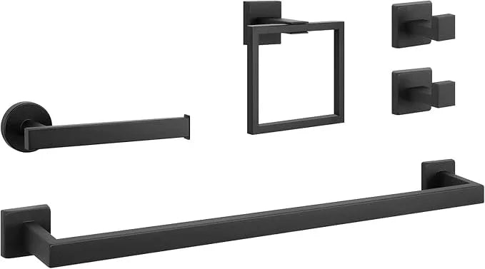NearMoon 5 Pieces Bathroom Hardware Set 304 Stainless Steel, Square Towel Rack Kit - 24" Towel Rod + Towel Ring + Toilet Paper Holder + 2 Robe Hooks, Wall Mounted Bath Accessories (Matte Black) - ModernBath