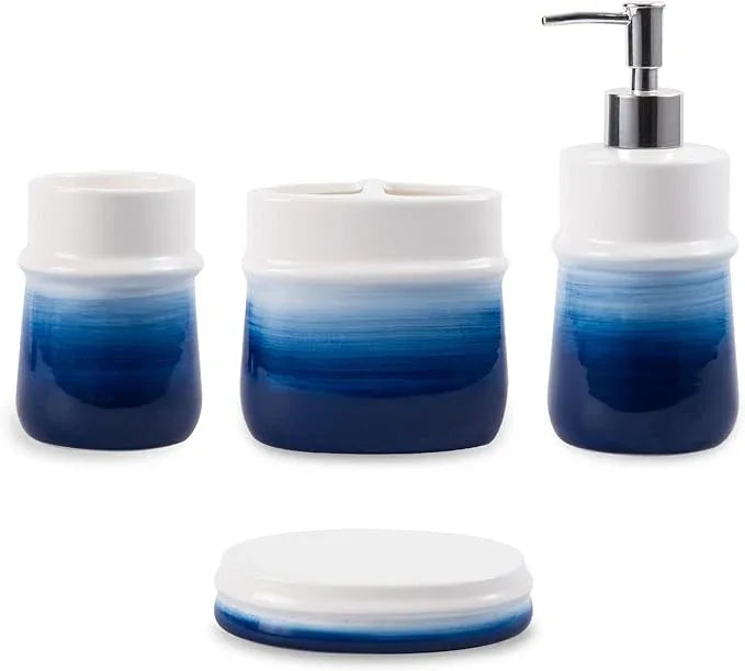 RZCNC Navy Blue Bathroom Accessories Set, 4-Piece Blue Ceramic Bathroom Decorations Accessories Set,Contain Toothbrush Cup,Soap Dispenser,Soap Dish,Tumbler - ModernBath