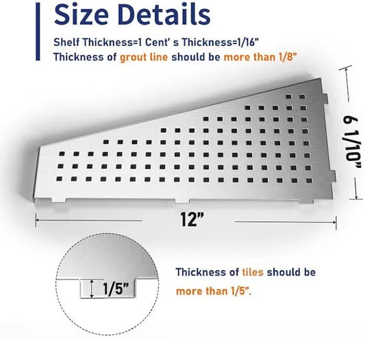 Corner Shower Shelf, 12" Trapezoid Grout in Shelf, 304 Stainless Steel Grid Design Recessed Bathroom Shelf for Tiled Wall - ModernBath