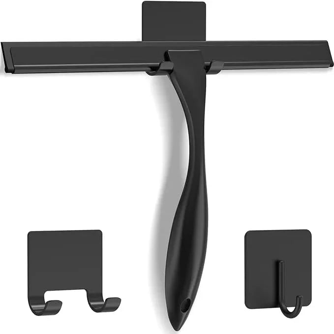 All-Purpose Stainless Steel Shower Squeegee for Shower Doors with 2 Adhesive Hooks, Bathroom Cleaner Tool Household Window Mirror Squeegee for Home Cleaning, Glass Door, Tile Wall, Car, 10 Inch Black - ModernBath