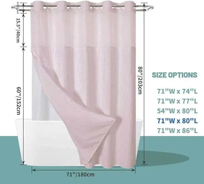 eachope BlushPink Long No Hook Waffle Weave Shower Curtain with snap-in Liner Replacement, 230GSM Waterproof Fabric Hotel Shower Curtain Set for Bathroom, Through Mesh Top Window,71Wx80H - ModernBath
