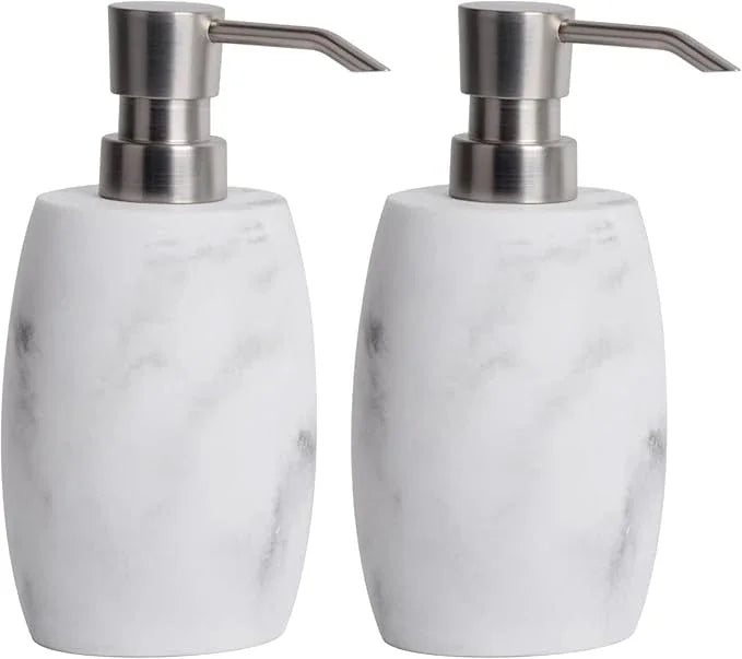 Clasin Home Resin Soap Dispenser Set 2, Refillable Hand Soap Dispenser with White Marble Look and Metallic Pump, Kitchen, Bathroom, Waterproof Labels (12 Oz) - ModernBath