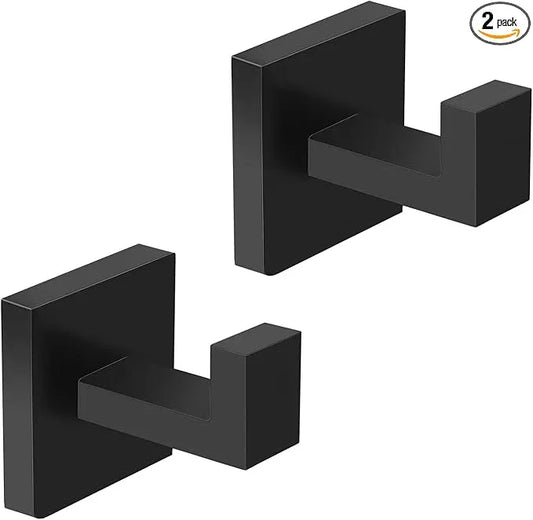 IBosins 2-Pack Towel Hooks Hand Towel Holder for Bathroom Wall Livingroom Bedroom Kitchen Closet Heavy Duty Stainless Steel Hook Hanger for Robe, Bath Towel, Coat (Square Matte Black) - ModernBath