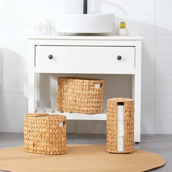 ELONG HOME Toilet Paper Storage Basket, Water Hyacinth Wicker Storage Holder for 6 Rolls Toilet Paper with Built-in Handles - ModernBath