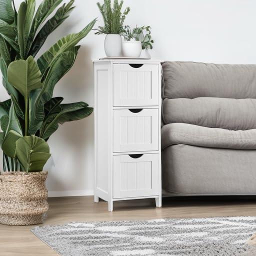 VASAGLE Floor Storage Cabinet, Freestanding Storage Unit with 3 Drawers, 11.8 x 12.6 x 31.9 Inches, for Bathroom, Living Room, Kitchen, Modern Style, Matte White UBBC50WT - ModernBath