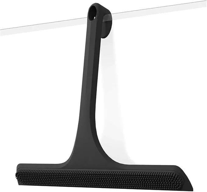 2-in-1 Silicone Shower Squeegee with Hook,Dual-Sided Design with Scraper & Scrub Surface,Rust-Proof Stainless Core,Streak-Free Bathroom Squeegee for Glass Doors,Mirrors,Windows,Car Windshields (Black) - ModernBath