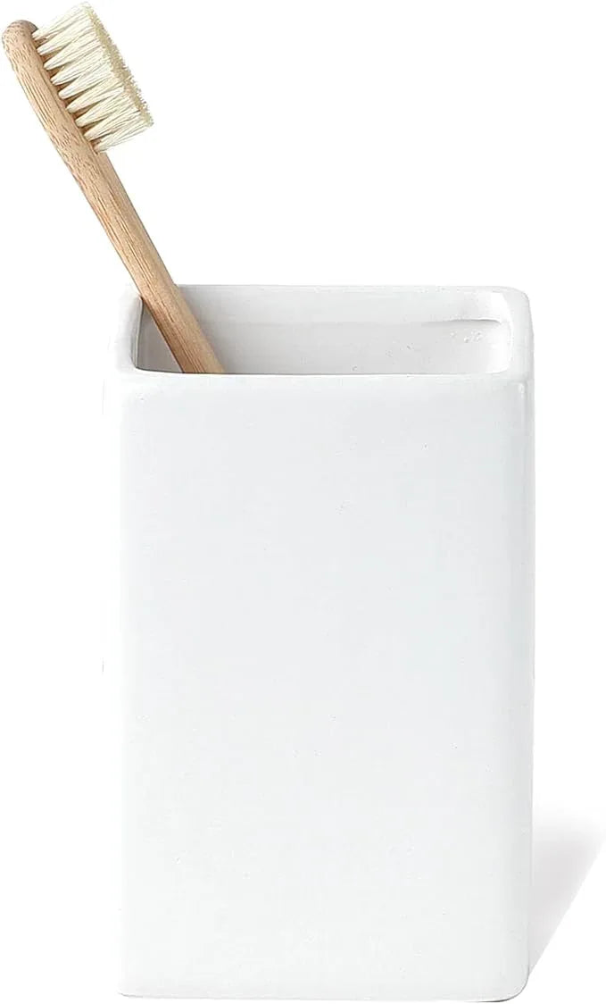 White Ceramic Toothbrush Holder - Square Bathroom Toothbrush Holder, Toothbrush Cup Holder Aesthetic Toothpaste Holder, Modern Family Size Toothbrush Organizer, Bathroom Tumbler Cup - ModernBath