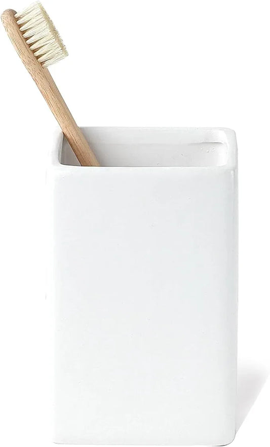 White Ceramic Toothbrush Holder - Square Bathroom Toothbrush Holder, Toothbrush Cup Holder Aesthetic Toothpaste Holder, Modern Family Size Toothbrush Organizer, Bathroom Tumbler Cup - ModernBath