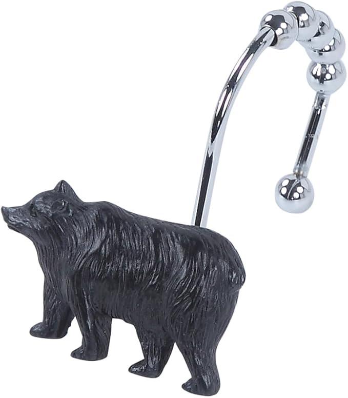 Rustic Black Bear Shower Curtain Hooks, Rustproof Farmhouse Lodge Cabin Shower Hooks for Shower Curtain, 5 Roller Ring Balls Bathroom Curtain Hooks, Outdoor Decorative Animal Hooks, Set of 12 - ModernBath
