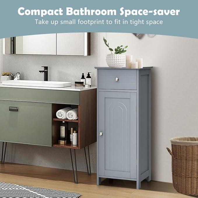 GOFLAME Bathroom Storage Cabinet, Freestanding Wooden Storage Cabinet with Large Drawer, 2 Float Shelves with 7 Positions, Bathroom Floor Cabinet Organizer for Living Room, Gray - ModernBath
