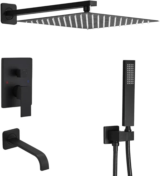 JingGang Matte Black Shower System with Tub Spout Wall Mounted Bathtub Shower Faucet Set for Bathroom with High Pressure 10" Rain Shower head and Handheld Shower Head Kit - ModernBath