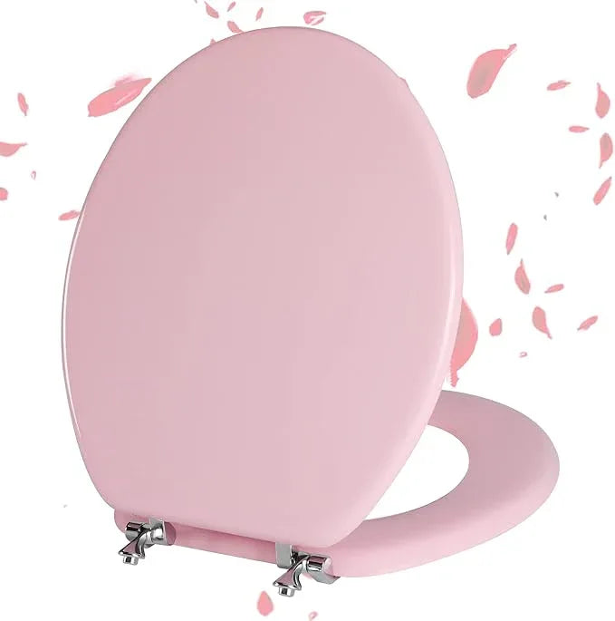 Pink Round Toilet Seat Natural Wood Toilet Seat with Zinc Alloy Hinges, Easy to Install also Easy to Clean, Scratch Resistant Toilet Seat by Angol Shiold (Round, Pink) - ModernBath