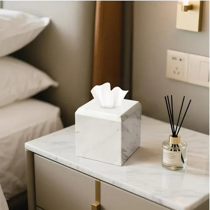 WORHE Tissue Box Cover Italy Natural Marble Heavy Duty Square Facial Toilet Paper Holder for Bathroom Living Room Bedroom Dresser Vanity Kitchen Minimalistic Office Home Decor Jazz White (WH014) - ModernBath