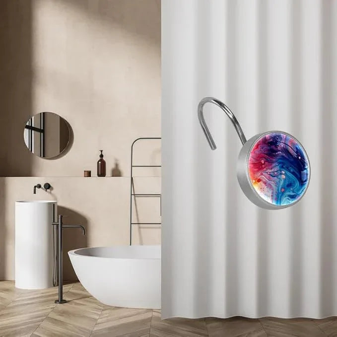 12 Pcs Decorative Shower Curtain Hooks, Rust Proof Glass Surface Stainless Steel Rings for Bathroom Bedroom Kitchen Home Bath Room Rods Decor (Colorful Liquid Texture) - ModernBath