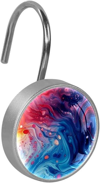 12 Pcs Decorative Shower Curtain Hooks, Rust Proof Glass Surface Stainless Steel Rings for Bathroom Bedroom Kitchen Home Bath Room Rods Decor (Colorful Liquid Texture) - ModernBath