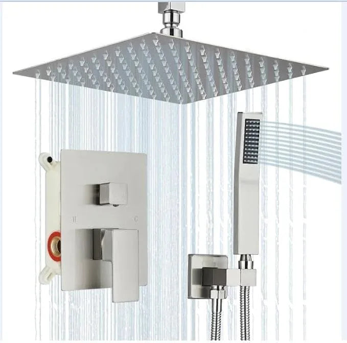 Shower Faucet Set Brushed Nickel Rain Shower System with High Pressure 10 Inches Rain Shower Head and Handheld Spray Bathroom Luxury Rain Mixer Shower Complete Combo Set Ceiling Mounted - ModernBath