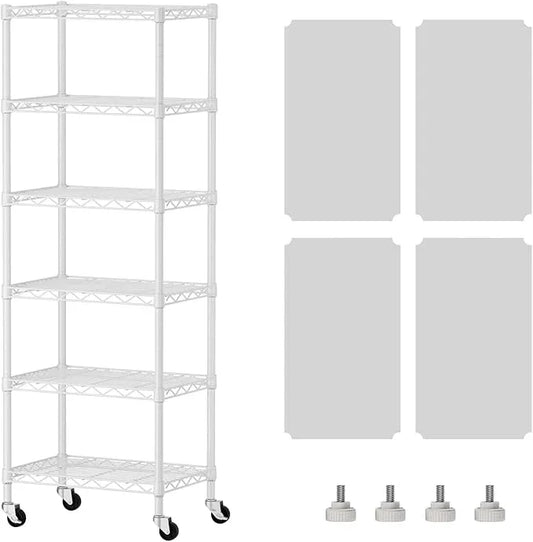 SINGAYE 6 Shelves Storage Shelf Wire Closet Bathroom Organizers Metal Pantry Kitchen Small Garage Shelving Unit Laundry Room Organization Home Narrow Rack Net Basket with Wheels White - ModernBath
