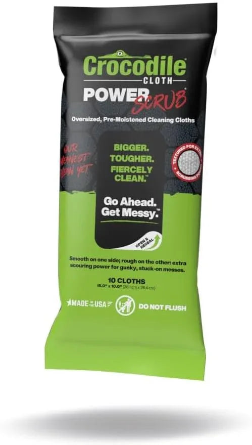 Crocodile Cloth PowerSCRUB Cleaning Wipes – 10 (15" x 10") Dual-Surface Cloths, Heavy-Duty, Moist, Absorbent, & Disposable - Safe on Skin & Multiple Surfaces - ModernBath