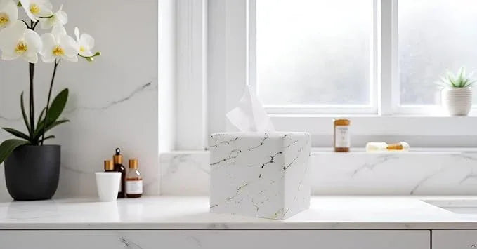 Huitony Marble Tissue Box Cover Square Decorative Stone Klenex Box Holder for Bathroom & Living Room with Handcrafted Texture (Marble-A) - ModernBath