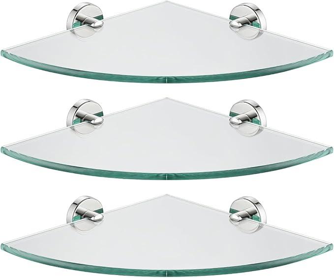 JQK Corner Glass Shelf, Polished Chrome Bathroom 304 Stainless Steel Shower Triangle Floating Wall Shelf, 10 x 10 Tempered Glass, 3 Pack, TGS190L10-CH-P3 - ModernBath