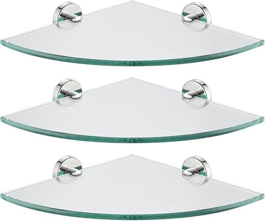 JQK Corner Glass Shelf, Polished Chrome Bathroom 304 Stainless Steel Shower Triangle Floating Wall Shelf, 10 x 10 Tempered Glass, 3 Pack, TGS190L10-CH-P3 - ModernBath