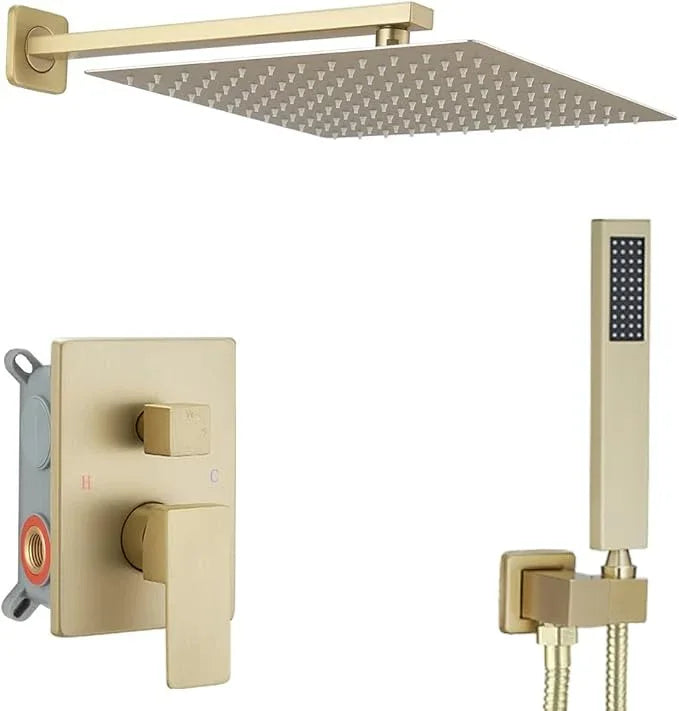 Heable Brushed Gold Shower System 12 Inches Bathroom Luxury Rain Shower Head with Handheld Combo Set Wall Mounted High Pressure Rainfall Shower Head System Shower Faucet with Valve and Trim Kit - ModernBath