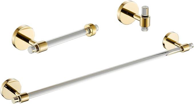 3 Pieces Bathroom Accessories Hardware Set Wall Mounted,Towel Rack 16 inches+Toilet Paper Holder+Hook,Acrylic and Brass,Gold Towel Bar Set SHUNLI - ModernBath