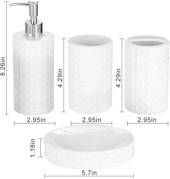 CAA'S Bathroom Accessories Set Ceramic 4 Pieces Bathroom Ensemble for Bath Decor Includes Lotion Dispenser Toothbrush Holder Tumbler Soap Dish (White Netting) - ModernBath