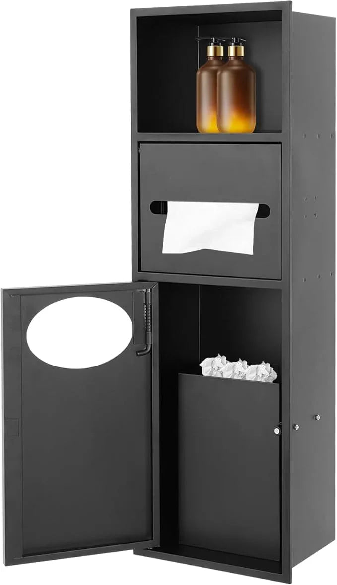 Stainless Steel Shower Niche with Trash Can, 7.9 x 5.3 x 24.8In Bathroom Cabinet with Toilet Paper Holder, Built-in Trash Can Alcove for Kitchens, Living Rooms, Bathrooms (Black) - ModernBath