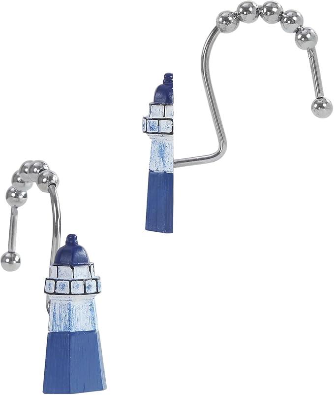 Nautical Lighthouse Shower Curtain Hooks, Rustproof Blue Ocean Bathroom Curtain Hooks, 5 Roller Ring Balls Shower Hooks for Shower Curtain, Stainless Steel Decorative Shower Curtain Hooks, Set of 12 - ModernBath