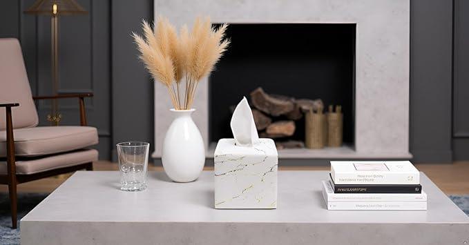 Huitony Marble Tissue Box Cover Square Decorative Stone Klenex Box Holder for Bathroom & Living Room with Handcrafted Texture (Marble-A) - ModernBath