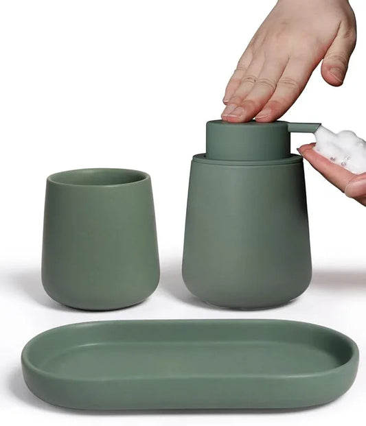 INGOFIN 3 Pcs Ceramic Bathroom Accessory Set - Foam Soap Dispenser, Toothbrush Holder & Tray, Bathroom Counter Set, Countertop Essentials for Home, Guest Bathroom, or Office Use, Matte Green - ModernBath