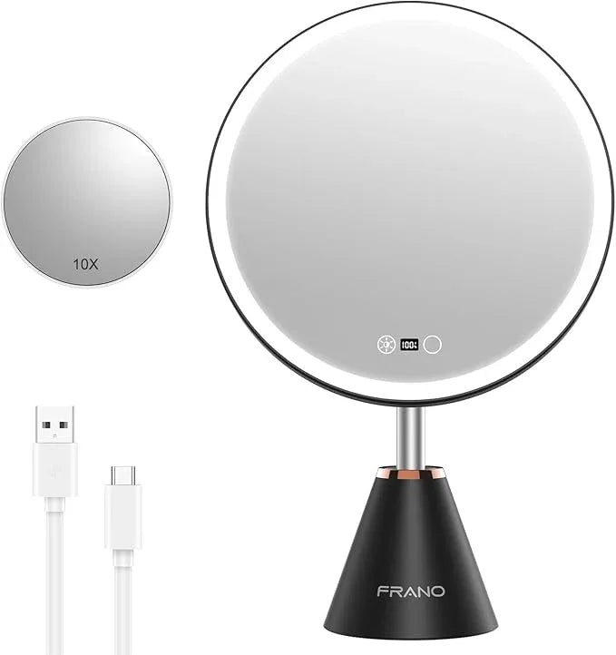 FRANO 10.5" Professional Makeup Mirror with Lights, Rechargeable HD Vanity Mirror, CRI≥98 True-Sunlight, 3 Color Modes & Stepless Dimming, 5000mAh Battery, Ideal Gift for Women - ModernBath